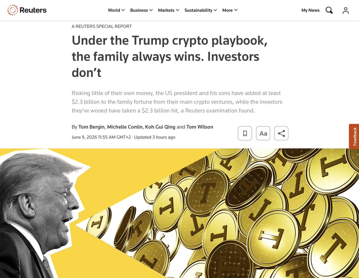 adagamov's tweet photo. 🇺🇸 Reuters опубликовало большое расследование о криптовалютных проектах, связанных с семьёй Дональда Трампа. Главный вывод журналистов сформулирован в заголовке: "По криптовалютным правилам Трампа семья всегда выигрывает. Инвесторы — нет". 

TLDR здесь такой: Трамп и его семейка обдурили доверчивых трампофилов, вложившихся в их мусорные криптовалюты. Люди потеряли свои вложения, а Трамп разбогател за их счет на пару миллиардов.

По подсчетам агентства, с середины 2024 года семья Трампа заработала около 2,3 млрд долларов на криптовалютных проектах. При этом многие инвесторы, вложившиеся в те же активы, понесли убытки в сопоставимом размере. Reuters утверждает, что во всех случаях использовалась схожая модель: Трампы практически не вкладывали собственных средств, но получали доли в проектах, права на выручку и другие финансовые преимущества благодаря своему имени, политическому влиянию и способности привлекать внимание рынка.

Наибольшую прибыль семье принёс проект World Liberty Financial, который рекламировался как инструмент для "демократизации финансов". По данным Reuters, продажи токенов обеспечили связанным с Трампами структурам более 1,4 млрд долларов дохода. Однако стоимость самих токенов впоследствии упала примерно на 87%, а инвесторы столкнулись ещё и с тем, что их активы оказались фактически заблокированы до 2030 года.

Не менее показательной оказалась история мемкоина $TRUMP, запущенного незадолго до инаугурации Трампа на второй президентский срок. На волне ажиотажа цена токена взлетела, однако затем рухнула примерно на 97% от достигнутого максимума. Несмотря на это, структуры, связанные с семьей президента, заработали более 600 млн долларов на выпуске и продаже монет, тогда как многие частные инвесторы остались с практически обесценившимися активами.

Reuters также анализирует другие проекты, включая криптокомпанию ALT5 Sigma и майнинговую фирму American Bitcoin. В обоих случаях после первоначального всплеска интереса инвесторов последовало резкое снижение стоимости активов. Инвесторы потеряли сотни миллионов долларов, тогда как семья Трампа получила доли и финансовые выгоды на выгодных для себя условиях.

По мнению Reuters, ключевая особенность этой бизнес-модели заключается в том, что доход семьи формируется не за счёт долгосрочного успеха проектов, а на этапе привлечения средств и продажи активов. Как отмечает агентство, Трампы получают прибыль независимо от того, что происходит с проектами дальше. В результате риск в значительной степени переносится на покупателей токенов и акций.

Опрошенные Reuters эксперты называют такую модель крайне спорной с этической точки зрения, однако признают, что доказательств прямого обмена политических решений на инвестиции нет, а значит большинство подобных схем остаются в рамках закона.

Именно поэтому расследование приходит к выводу, вынесенному в заголовок: в криптовалютной империи Трампа семья практически всегда оказывается в выигрыше, тогда как инвесторы слишком часто остаются проигравшей стороной.
