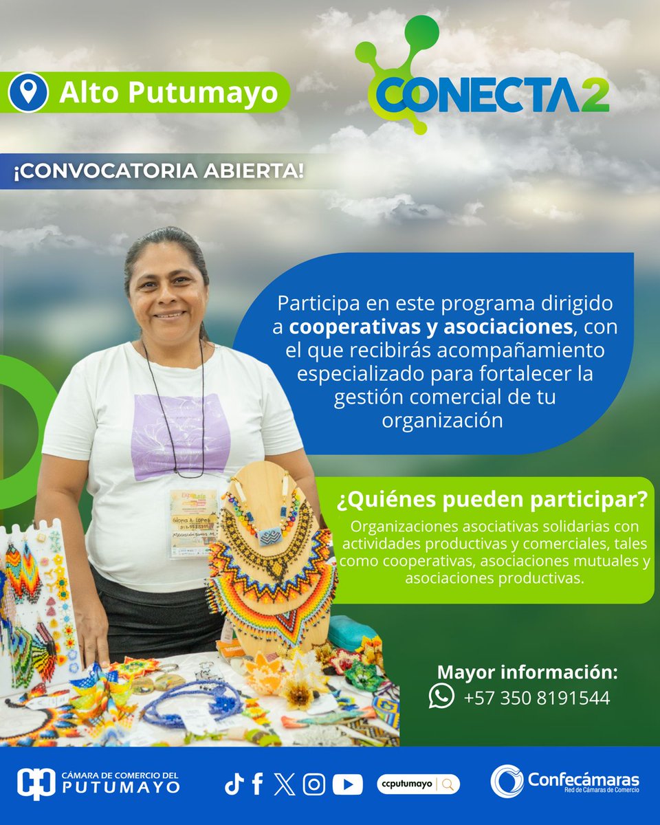 ccputumayo's tweet photo. 🚀 ¡Impulsa el crecimiento de tu asociación o cooperativa con CONECTA2! 🤝Fortalece tu gestión comercial, recibe acompañamiento especializado y conecta con nuevos mercados.

📍 Sibundoy – Alto Putumayo
📝 Inscríbete: https://t.co/WlwmdEKovL
📲 Más información: 350 819 1544🌱 https://t.co/9gijgOftkW