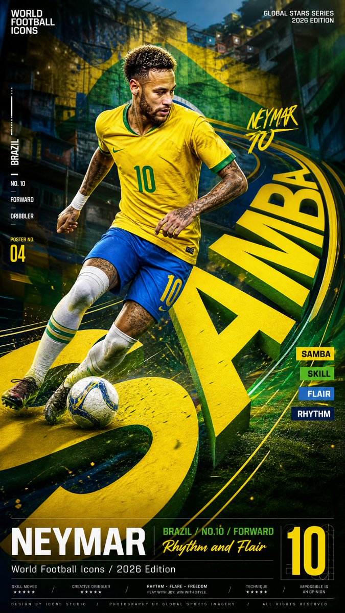 MrLarus's tweet photo. 🔥 World football star posters made with ChatGPT-Image2  
The giant type hits hard! ⚽️

4 football campaign poster concepts: 
1. Messi — MESSI 
2. Cristiano Ronaldo — CR7 
3. Mbappé — SPEED 
4. Neymar — SAMBA  

The giant letters transform into stadium entrances, sprint lanes and dribbling routes — full of football energy!

Prompt in the comments👇