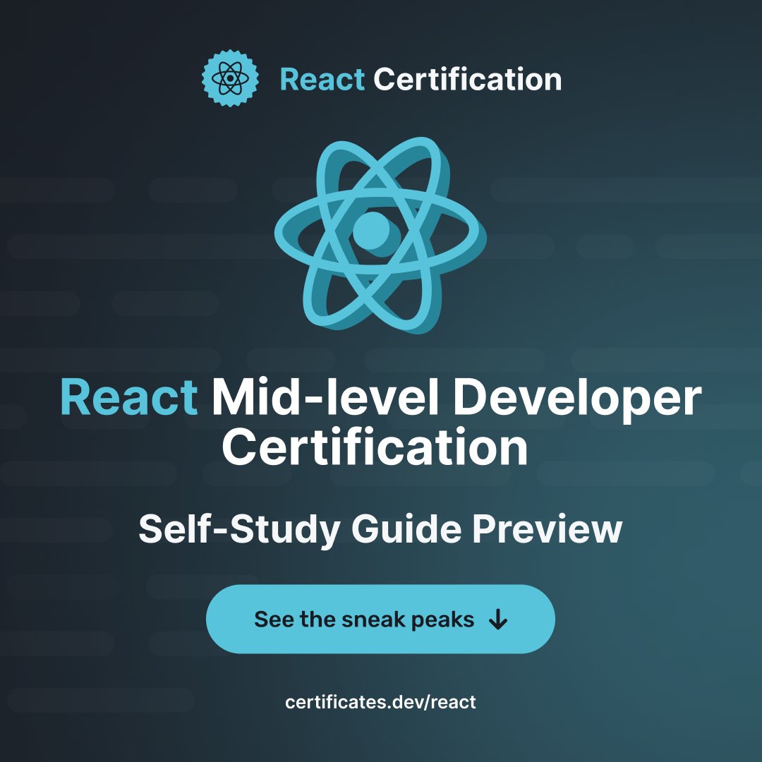 CertificatesDev's tweet photo. What does a structured React Cert training actually look like?⚛️

Preview our React Mid-Level Training, from fundamentals through hooks, routing, &amp; TS. Each chapter builds toward real React workflows. See all chapters below 👇

Have you secured your access for React Free Weekend? https://t.co/bQ3UMAmvIx