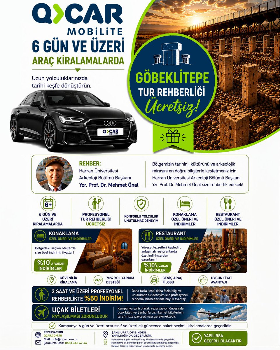 qcarMobilite's tweet photo. 🏛️ Tarihin sıfır noktasına yolculuk!

QCAR Mobilite’de 6 gün ve üzeri kiralamalarda Göbeklitepe tur rehberliği ücretsiz. 🚗✨

#QCARMobilite #Göbeklitepe #Şanlıurfa https://t.co/cx3lEGwIsV