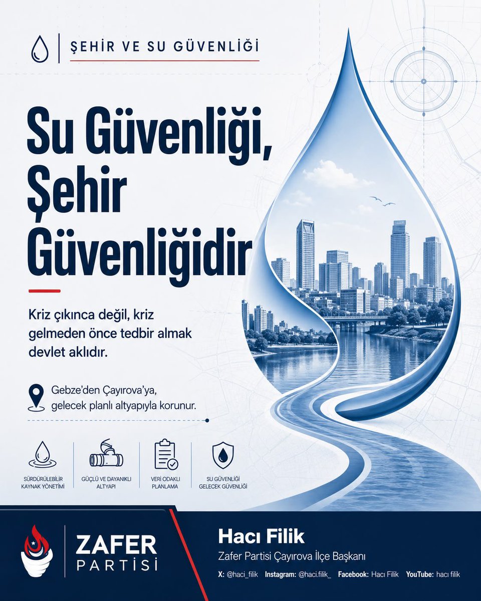 Haci_Filik's tweet photo. Su meselesi yalnızca çevre meselesi değildir.

Su; tarımdır, sağlıktır, şehir planlamasıdır, üretimdir ve milli güvenliktir.

Kocaeli gibi sanayi yükü ağır, nüfusu hızla artan şehirlerde su kaynaklarının korunması artık ertelenemez bir devlet aklı meselesidir.

Gebze’den Çayırova’ya, İzmit Körfezi’nden Kandıra’ya kadar bu şehir; planlı büyümeyi, güçlü altyapıyı ve suyu merkeze alan bir şehir yönetimini hak ediyor.

Suyunu koruyan şehir, geleceğini korur.

Hacı Filik
Zafer Partisi Çayırova İlçe Başkanı