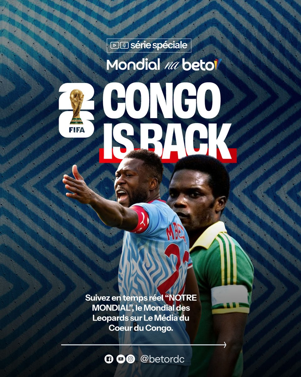 betordc's tweet photo. EXCLUSIF/ 52 ans d'attente. Une qualification. Un peuple en mouvement.
Avec #MondialNaBeto, notre mondial, celui des Léopards, BETO vous fait vivre la Coupe du monde 2026 comme jamais : au plus près des Léopards, des supporters et de l'histoire qui relie 1974 à 2026. https://t.co/FzhvY63Bw7