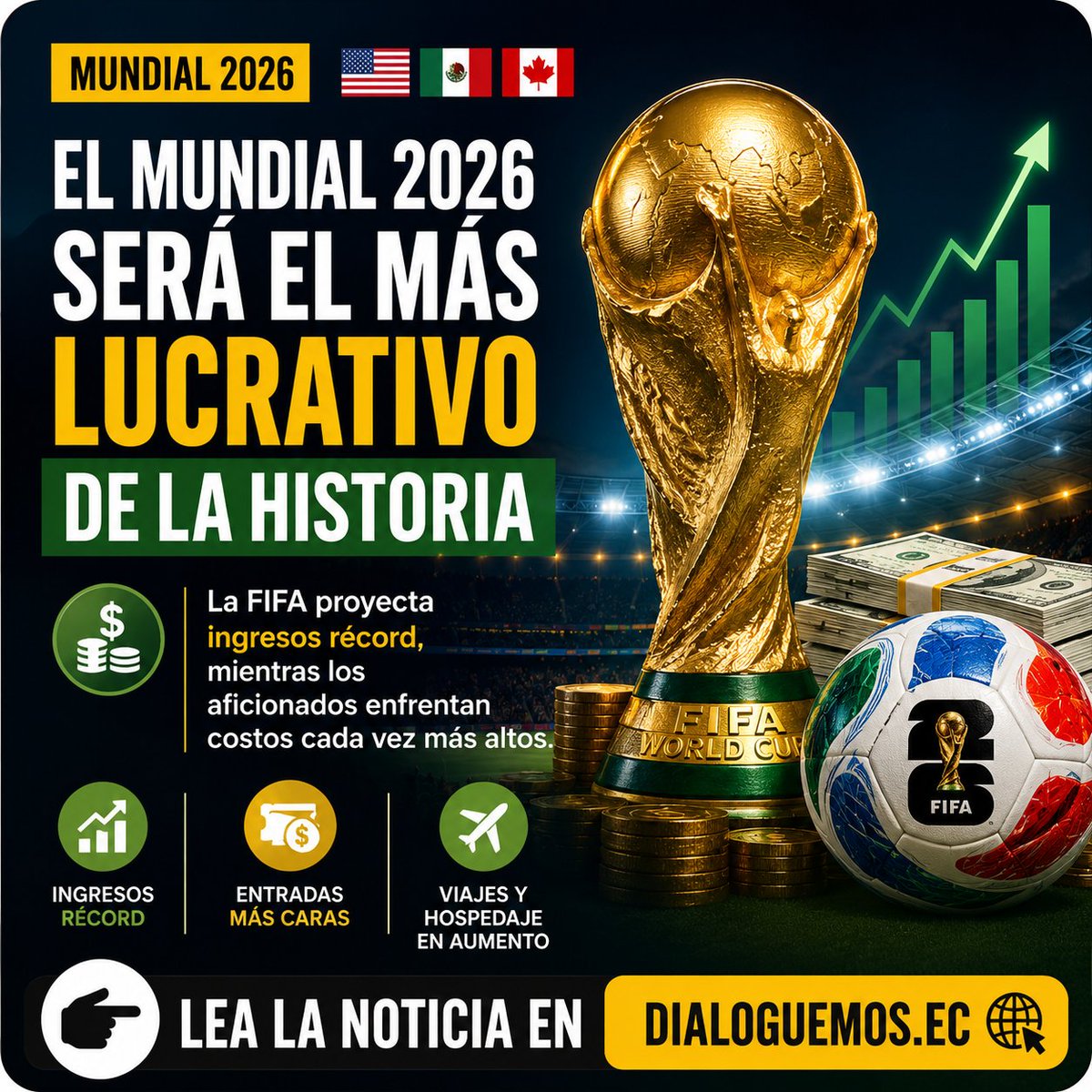 DialoguemosINFO's tweet photo. ⚽ El Mundial 2026 será el más lucrativo de la historia.
💰 La FIFA proyecta ingresos récord.
🎟️ Los aficionados enfrentarán costos cada vez más altos.
👉 lea la noticia en https://t.co/NnAeKBmE0d https://t.co/p71hJ1UrI3