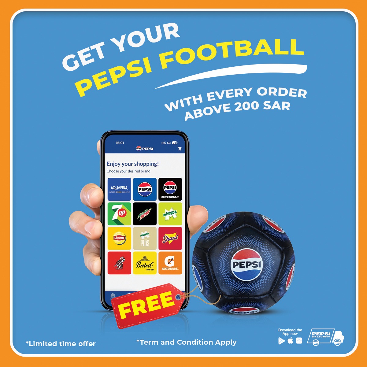 PepsiDelivery's tweet photo. هدية لعشاق كرة القدم
احصل على كرة بيبسي مجانًا عند الطلب بقيمة 200 ريال أو أكثر عبر تطبيق بيبسي ديليفري. ⚽
لا يفوتك العرض.

A gift for football fans.
Get a FREE Pepsi football with every order above SAR 200 on Pepsi Delivery.
Order now.