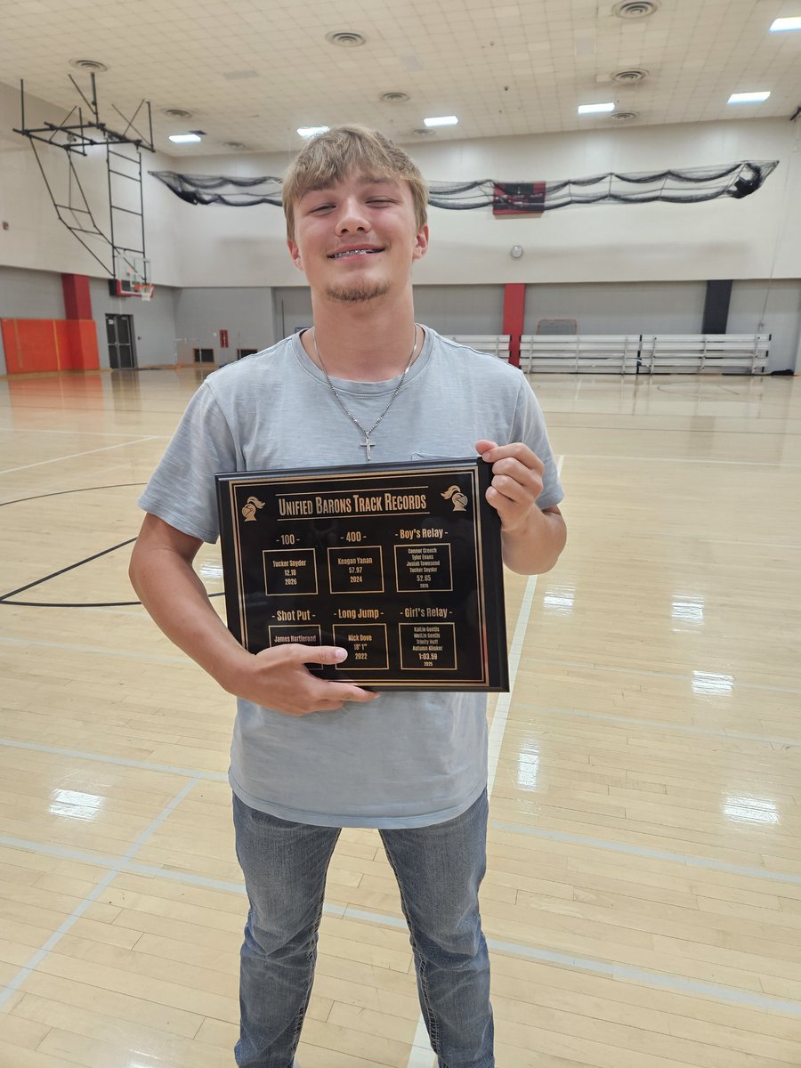 UnifiedBarons's tweet photo. It's a good year, when one of our Unified records get broken. Tucker Snyder broke the 100 meter record and our boys 4x100 team of Josiah Townsend, Tucker Snyder, Connor Creech and Tyler Evans broke the record. Great season Barons! @BaronAthletics @DeKalbHS https://t.co/ITqXe39Oqn