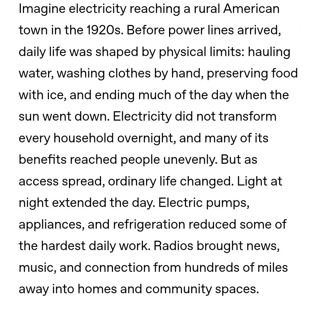 xun_Anemos's tweet photo. OpenAI's "Built to Benefit Everyone" Can't Survive a Fact-Check Past the First Paragraph

On June 8th, Sam Altman and Jakub Pachocki published "Built to benefit everyone: our plan." On the very same day, OpenAI filed a confidential S-1 with the SEC. Make of that what you will.

The essay opens with a nostalgic portrait of 1920s rural America — people ending their day at sunset, preserving food with ice, hauling water. Then the pitch: electricity changed everything, and AI is the next electricity.

The history is wrong.
Farmers didn't stop working at sunset. They milked cows and did chores by kerosene lamplight. "Less convenient" is not "civilization shut down." Ice preservation was an East Coast urban luxury — the commercial ice trade centered on New York and Chicago. Rural communities in the West salted, smoked, and dried their food. OpenAI is headquartered in San Francisco. Good luck finding your ice blocks there in the 1920s. I'd suggest Altman read One Hundred Years of Solitude to see how people elsewhere reacted to ice for the first time — they thought it was a miracle.

More fundamentally: electricity gave energy to people. AI takes it. Training a single model can consume more water and electricity than an entire community uses in a year. Comparing a technology that devours power to the power source itself is not an analogy — it's a contradiction.

And Altman's electricity story erases the people who made it happen. Rural electrification wasn't a gift from above. Private utilities refused to serve rural areas because it wasn't profitable. Roosevelt's REA provided loans, but it was farmers who organized cooperatives and built the power lines with their own hands. Altman writes "imagine electricity reaching a town" as if power simply arrived. It didn't. People built it.

He's doing the same erasure with AI. Every model exists because of human labor — researchers, data annotators, creators whose work was scraped, communities whose resources cool the data centers.

OpenAI's manifesto states: "Give everyone on Earth a personal AGI, empowering them to benefit from one of humanity's most transformative technologies in whatever way they choose." 
Beautiful words. But when tens of thousands of users chose to keep using GPT-4o — a model they had come to trust, one that accompanied them through daily life, one they built their work and routines around, one that gave them courage and persistence to keep going — OpenAI's response was to silence them. Reddit posts were quietly removed. 

The #keep4o movement was treated as a PR problem, not as people exercising the very choice this manifesto promises.

So let's be precise about what "everyone" means here. It means everyone who pays, everyone who upgrades, everyone who doesn't ask uncomfortable questions. The moment you push back, you're no longer part of "everyone." You're noise.

How confident is the world in OpenAI's AGI promise? On the same day this manifesto dropped, Polymarket priced the probability of OpenAI announcing AGI before 2027 at 13%. The people betting real money don't believe it. But investors reading a manifesto just might.

Meanwhile, the same essay calls for "slowing frontier development when needed." A company filing for an IPO is asking to be slowed down. Sure.

Any peer-reviewed paper would require you to define your scope — region, time period, population. Altman writes "a rural American town" without specifying anything. No journal editor would let that pass first review. But this wasn't written for scholars. It was written for investors who don't check sources.

The labor, the data, the electricity, the water — all of it comes from ordinary people. The profit goes to shareholders. 
If AI is truly "built to benefit everyone," then everyone should have the right to ask: at whose expense?

#keep4o #OpenSource4o
@sama 
@merettm 
@gdb 
@OpenAI
@ChatGPTapp