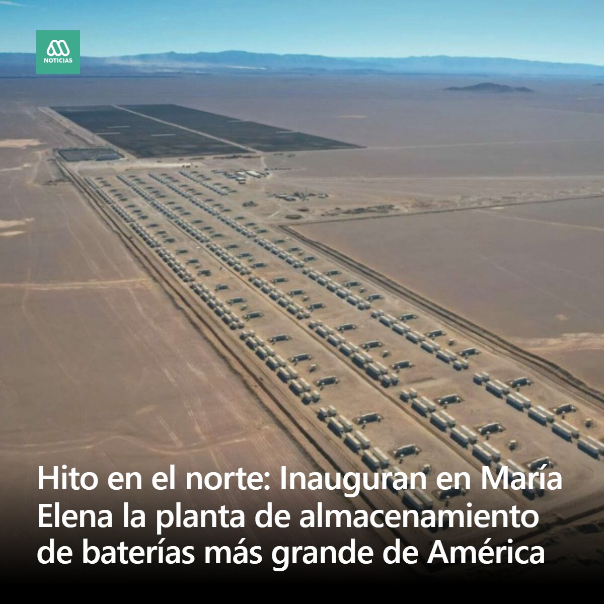 meganoticiascl's tweet photo. La empresa española Grenergy inauguró Elena en la Región de Antofagasta, consolidándose como la mayor planta de almacenamiento con baterías del continente americano. La instalación tuvo un costo de US$2.500 millones. https://t.co/XJ5yCU7caR
