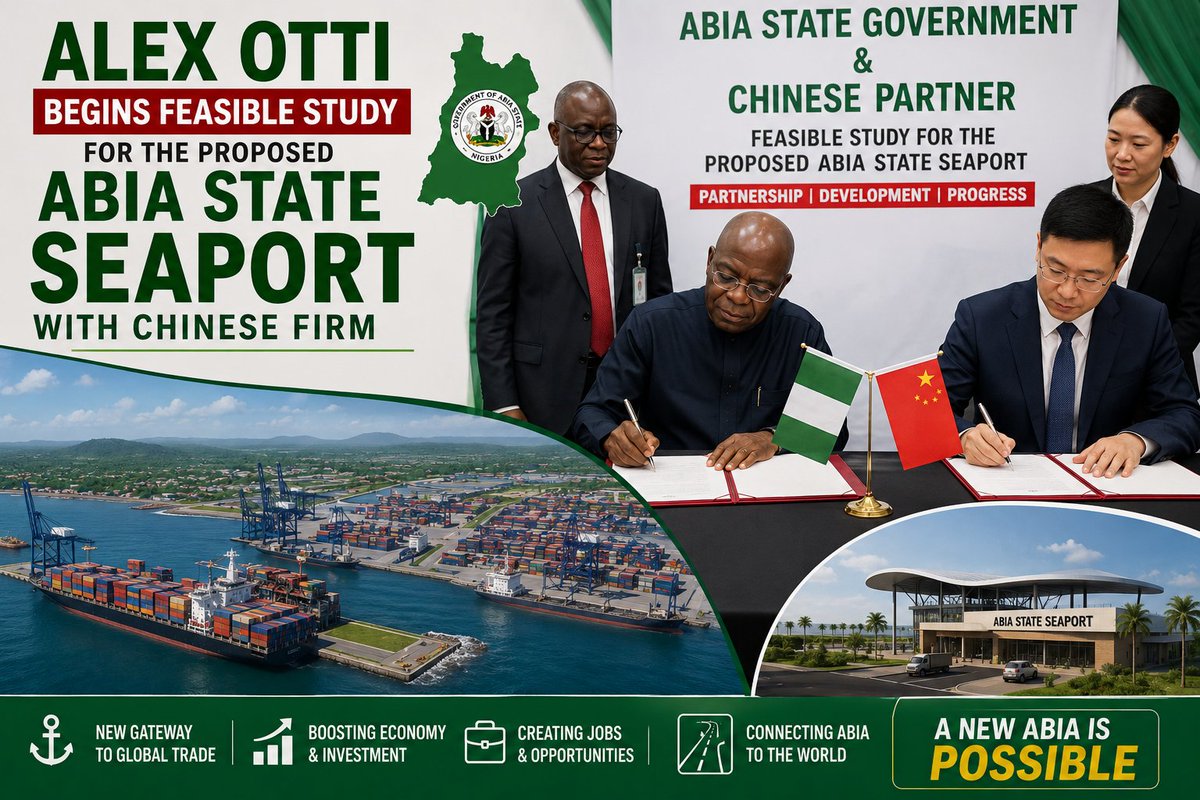 theonlyPsaint's tweet photo. Alex Otti is laying the foundation for a new economic future in Abia.

The commencement of a feasibility study for the proposed Abia Seaport, in partnership with a Chinese firm, signals a commitment to jobs, investment, trade, and regional growth.

A new chapter for Abia. 🚢📈 https://t.co/7NipLY7i4c