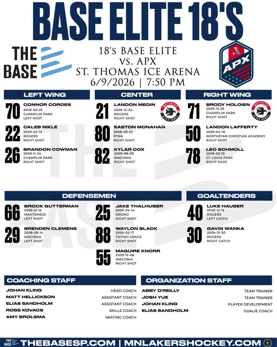 thebasesp's tweet photo. GAME DAY

2026 Summer Showcase vs. @apx_hockey starts tonight!

16U | 6:10 PM 18U | 7:50 PM

📍 St. Thomas Ice Arena

#TheBaseSP https://t.co/FAZIhWWYAU