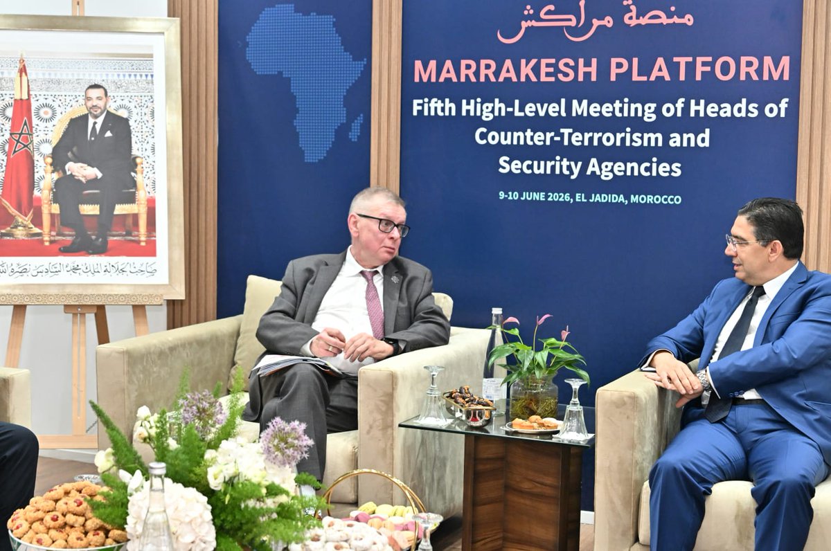 Marocdiplo_EN's tweet photo. On the sidelines of the 5th High-Level Meeting of Heads of Counter-Terrorism and Security Agencies in Africa "The Marrakech Platform", MFA Nasser Bourita held talks in El Jadida with Mr. Alexander Zuev, the Acting Under Secretary-General of the @UN Office of Counter-Terrorism https://t.co/Mu86pM8x2p
