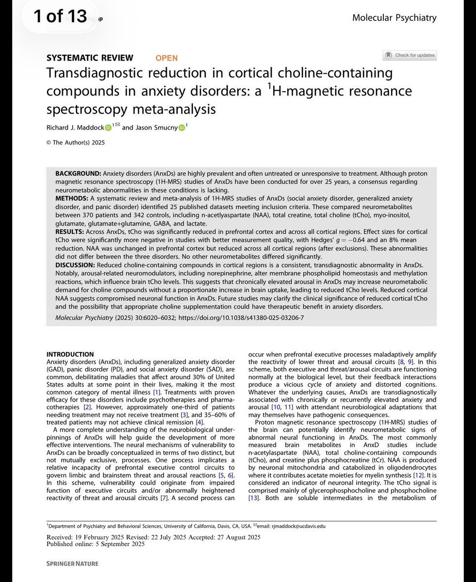 Healthdptdegen's tweet photo. A new meta-analysis found one consistent signal:

↓ Cortical choline-containing compounds correlate to increased chronic stress.

This is exactly why we need to stop viewing mental health as separate from brain health. https://t.co/aLTpNCEaKN