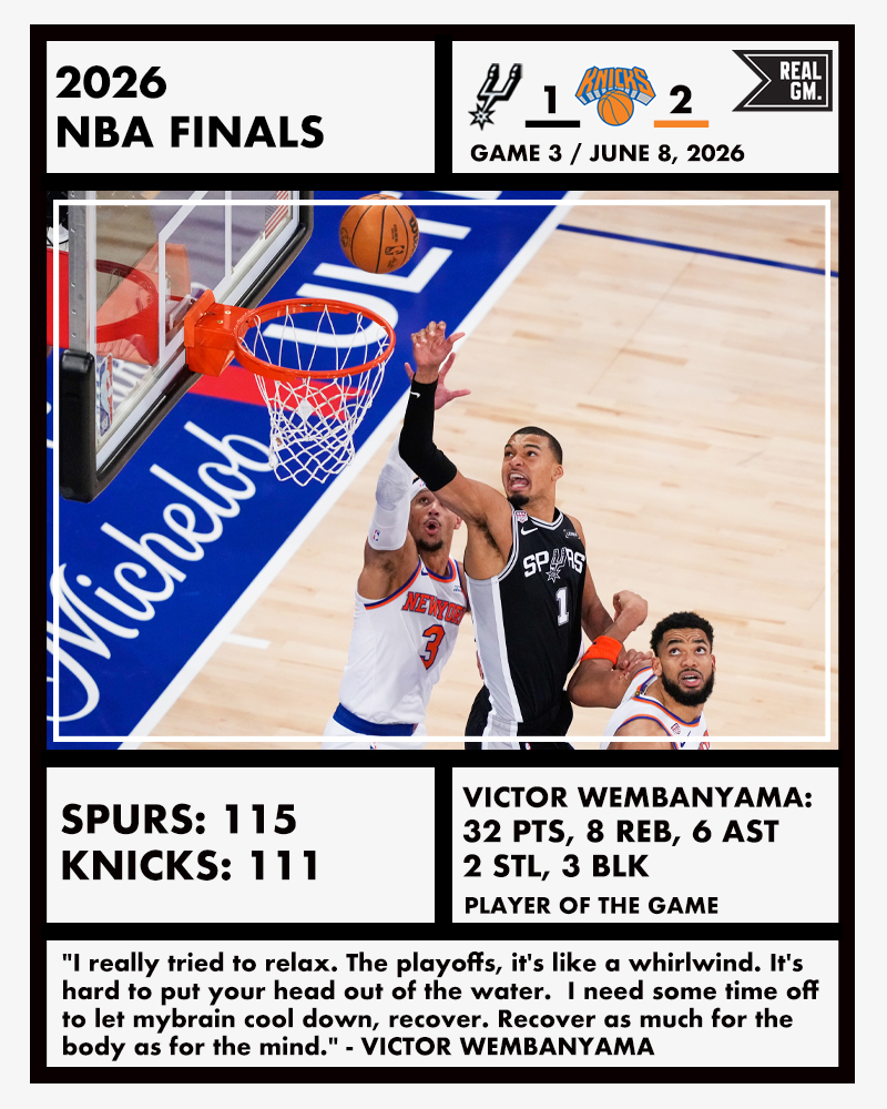 RealGM's tweet photo. One @NBA Finals Snapshot: @spurs 115, @nyknicks 111 (Game 3). https://t.co/m7BDfBCTYd