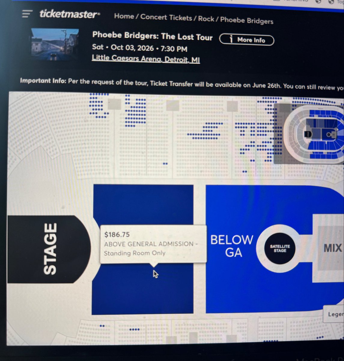 m1dwestprincess's tweet photo. Pricing for Phoebe Bridgers Detroit show!

Above/below GA- $186.75
Front of side lower bowl: $400-469.20
Back of side lower bowl: $186.75
Front-facing lower bowl: $124.46-152.50
Mezzanine- $124.35-152.50
Nosebleeds- $95.50-107.25 https://t.co/pAowuRIzDu