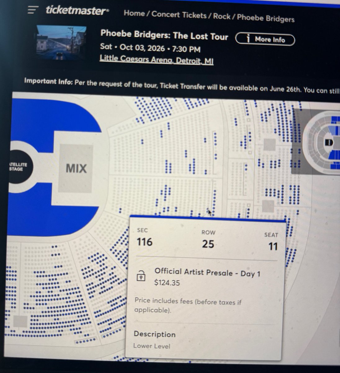 m1dwestprincess's tweet photo. Pricing for Phoebe Bridgers Detroit show!

Above/below GA- $186.75
Front of side lower bowl: $400-469.20
Back of side lower bowl: $186.75
Front-facing lower bowl: $124.46-152.50
Mezzanine- $124.35-152.50
Nosebleeds- $95.50-107.25 https://t.co/pAowuRIzDu