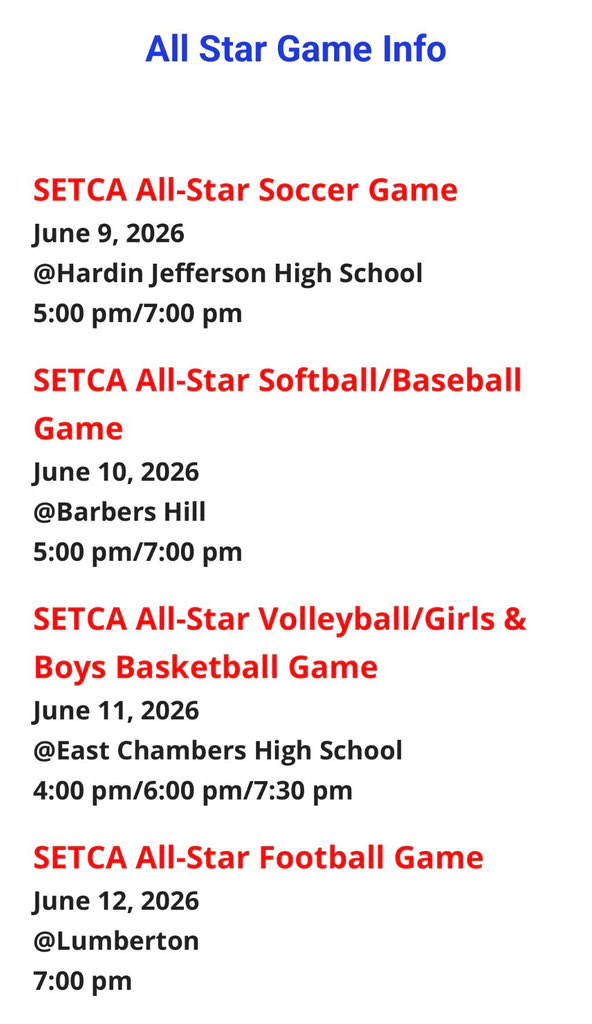 SETCA_Coaches's tweet photo. It's Southeast Texas ALL STAR WEEK! Schedule for the week is below! We can't wait to see you tonight in Hardin Jefferson for the soccer games to start the week! #SETCA #AllStars https://t.co/xsAgpYI2Qk