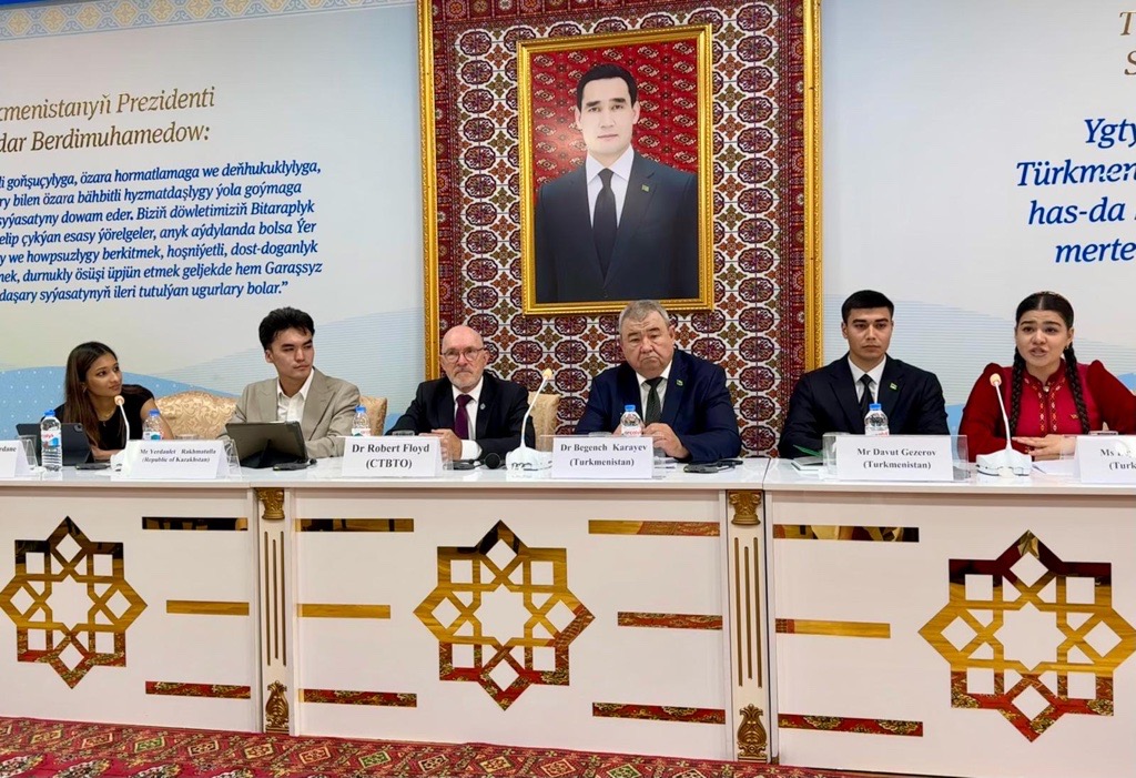 DrRobFloyd's tweet photo. What an energising, forward-looking panel discussion with young Central Asian leaders, opened by Deputy Foreign Minister Bashimova at the 🇹🇲 Institute of International Relations. As the #CTBT marks its 30th anniversary, these emerging voices will be essential in shaping a world free of nuclear test explosions.