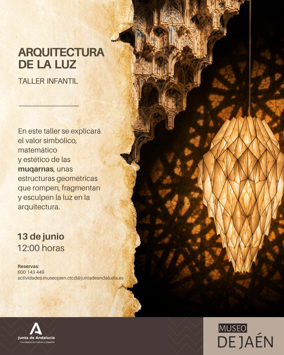 MuseodeJaen's tweet photo. Taller familiar: Arquitectura de luz
En este taller se explicará el valor simbólico, matemático y estético de las muqarnas, unas estructuras geométricas que rompen, fragmentan y esculpen la luz en la arquitectura
📆 13 de junio
🕘 12:00h
#museodejaén
@CulturaAND @culturayPHJaen https://t.co/qLuHzKQHlA