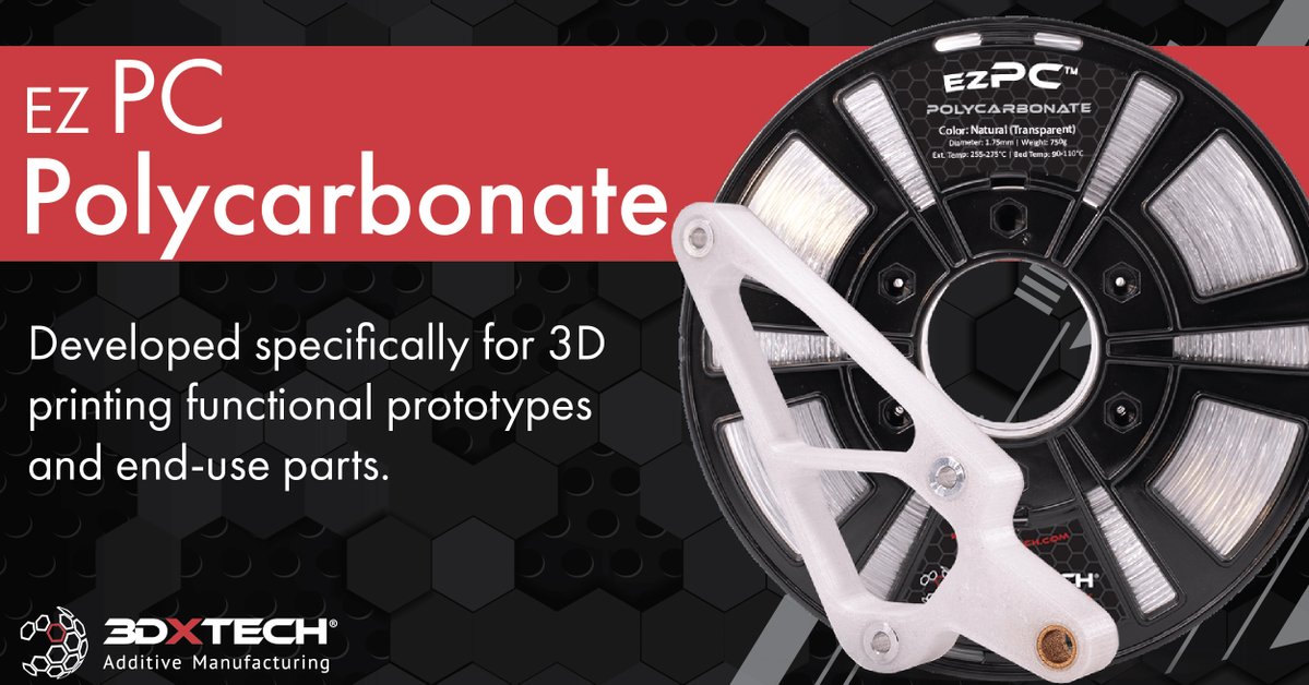 3dxtech's tweet photo. We absolutely love printing ezPC! This polymer was developed specifically for 3D printing functional prototypes and end-use parts. It was formulated to be easier to print than standard polycarbonate, yet still offer exceptional mechanical and thermal properties.

Learn more about ezPC here: https://t.co/wqPz8XBso1