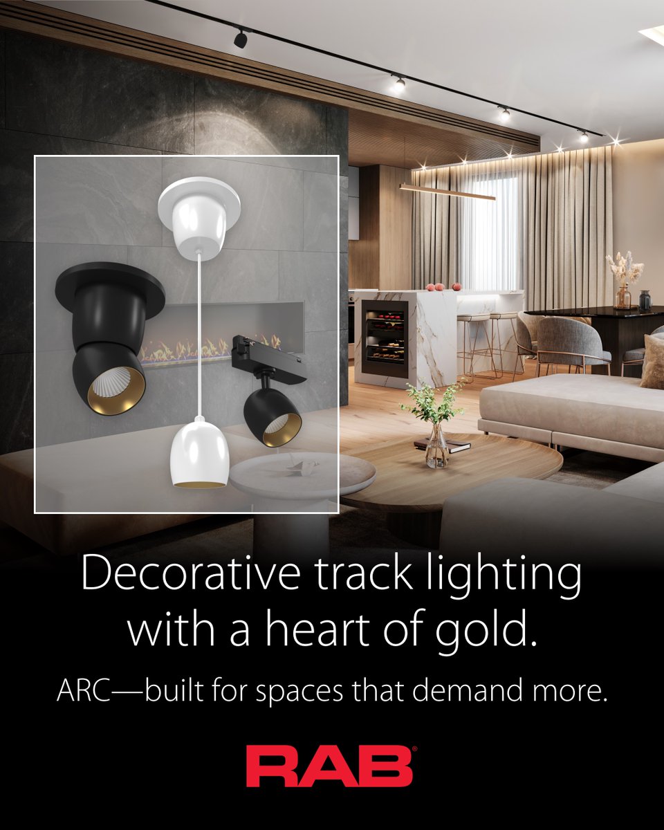 RABLighting's tweet photo. Introducing the decorative ARC track light with a gold interior. 8W/3000K, 90 CRI, 36° beam. Tilts 40°, rotates 360°. Five mounting options: track, surface, track pendant, pendant, recessed. Fits standard single-circuit track. Learn more: https://t.co/E54oPsDPmM #RABLighting #ARC https://t.co/k2Bp6m1K3u