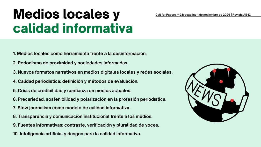 Revista_AEIC's tweet photo. Abierto el #CfP del nº28 'Medios locales y calidad informativa' 🗞️📍✍🏼📱

🗓 Deadline: 1 de noviembre de 2026.

👥 Coordinan Mar García Gordillo, Dolors Palau-Sampio, Liliana Gutiérrez Coba y Francisco Javier Caro González.

ℹ️ https://t.co/OWuQdbOheE

#RevistaAEIC https://t.co/omG940DIHC