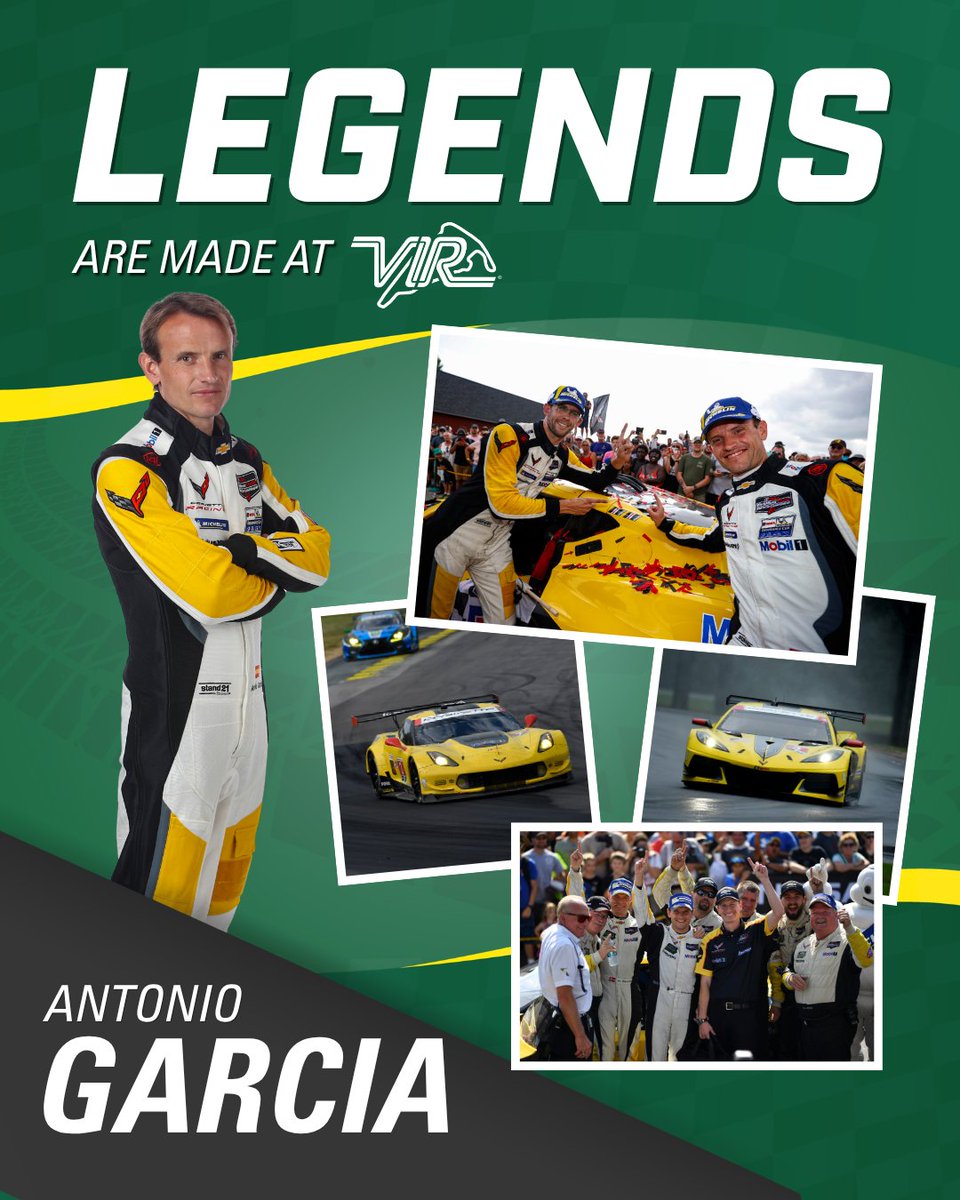 VIRNow's tweet photo. Across multiple classes, Antonio García and Corvette Racing have consistently delivered results in the  IMSA WeatherTech SportsCar Championship at VIR. García has been victorious in both GTLM and GTD with a total of 5 overall wins at VIR. 3 wins in the GTLM class in 2016, 2017, and 2020. While taking home 2 victories in the GTD Pro class in 2023 and 2025. 

Antonio García has become a regular at the top step of the podium during the Michelin GT Challenge at VIR and will have another chance to add to his win total this August!

Don't miss out on 2026 IMSA Michelin GT Challenge 🎟️: https://t.co/OpioRo9HQq

@PrattMillerMS | @IMSA