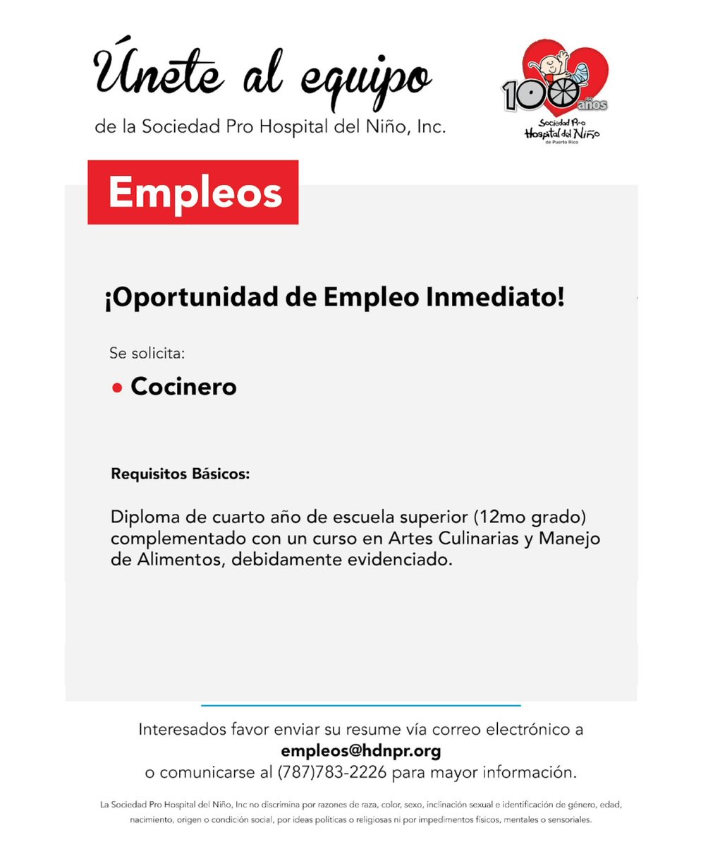 hdnpr's tweet photo. Tenemos plazas vacantes. Interesados favor enviar su resumé vía correo electrónico a empleos@hdnpr.org o comunicarse al (787)-783-2226 ext. 226 para mayor información.

¡Únete a nuestro equipo!

#Empleos #Jobs #SomosSociedad https://t.co/gZkIEspmww