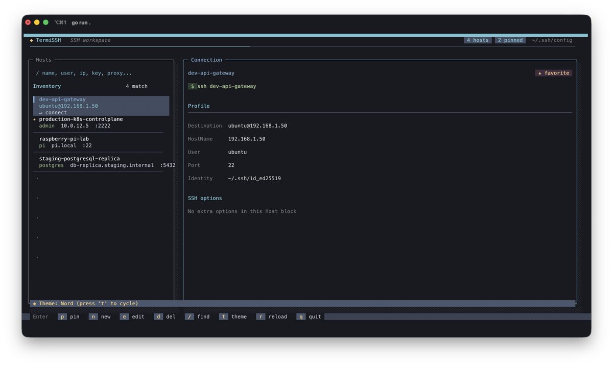 sumitp01's tweet photo. Say hello to TermiSSH - a clean, native terminal companion for managing your ~/.ssh/config.
Written in pure Go with zero external dependencies. Features dynamic 24-bit True Color themes lazy filtering, and instant connection launching.
#opensource #coding #terminal https://t.co/89cl7Qhihz