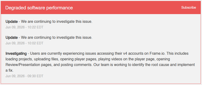 CPowerMav's tweet photo. @Frame_io Still down. Updates from Adobe on the status page:
https://t.co/RYQcGufqcT https://t.co/9dwJPfOYpH