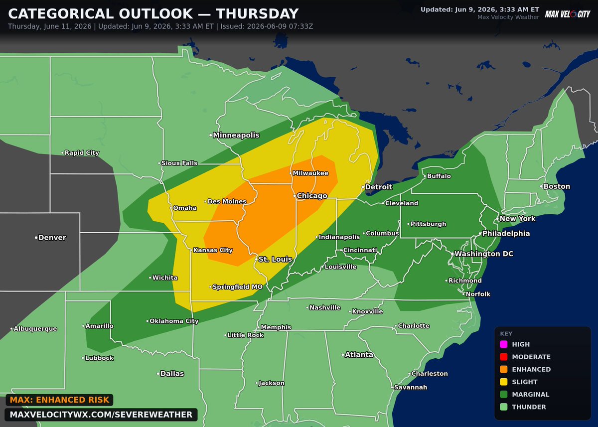 MaxVelocityWX's tweet photo. Chicago, Milwaukee, St. Louis, and surrounding areas need to be on alert for destructive damaging winds, very large hail, and a few tornadoes on Thursday.

This is shaping up to be one of the more dangerous days of severe weather that we've had since April in this region. Stay tuned and spread the word about this growing threat. We will be LIVE covering this.