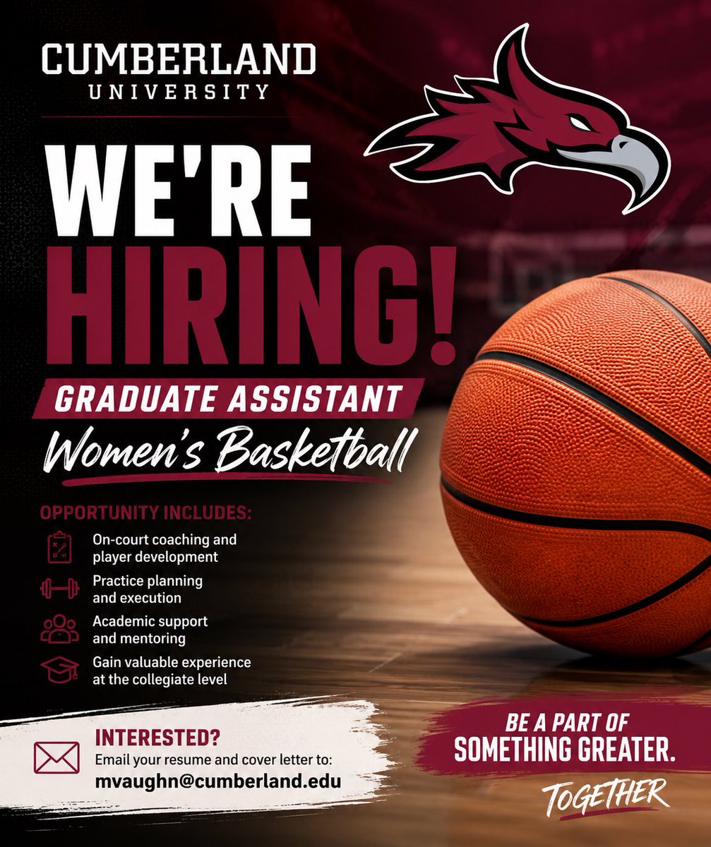 CumberlandWBB's tweet photo. Great opportunity for a young and hungry coach to get into the game and get your Masters paid for! 🏀🐦‍🔥 #CU https://t.co/64kqd6Vd5L
