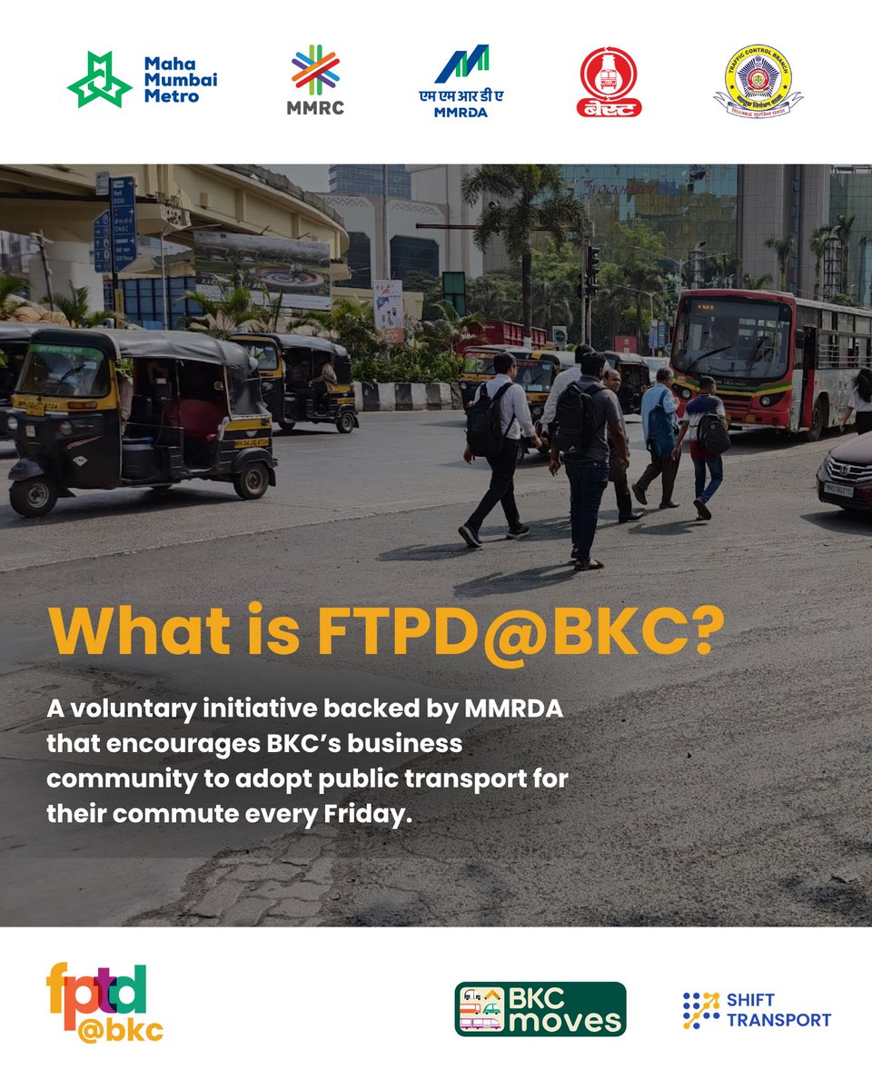 BKCmoves's tweet photo. 🚆 Big news for BKC!

Starting this Friday, BKC launches #FPTDatBKC — a first-of-its-kind initiative backed by MMRDA, encouraging everyone who works in, travels to, or visits BKC to choose public transport at least once every Friday. https://t.co/OOyLEeNlfl