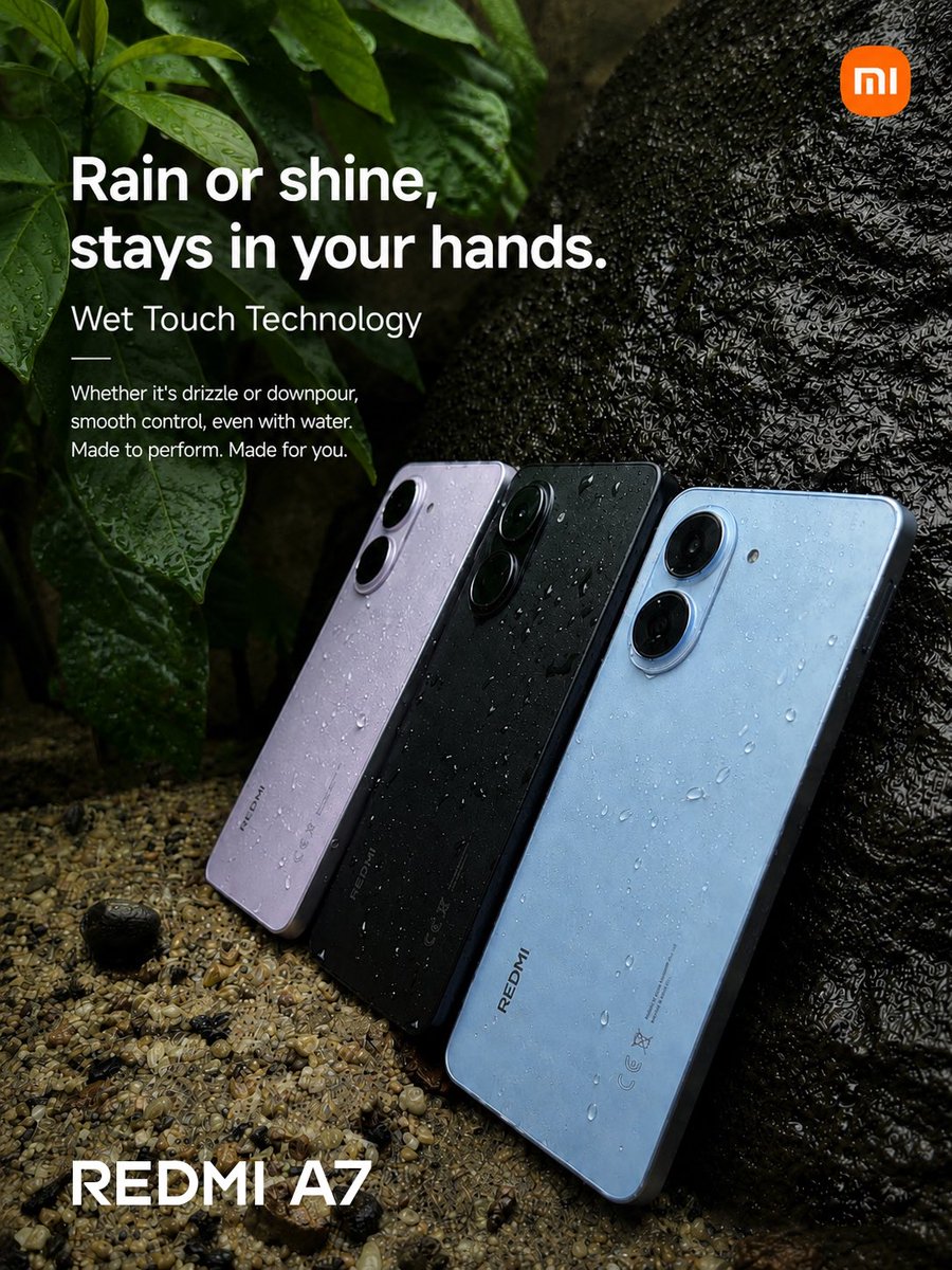 XiaomiGhana's tweet photo. From light drizzles to unexpected downpours, the REDMI A7 is built to keep up with your day.

💧 Wet Touch Technology helps keep your screen responsive, even with wet fingers—so you stay connected when the weather changes.

#XiaomiGhana #RedmiA7 #WetTouchTechnology https://t.co/2MR9VBe8vt