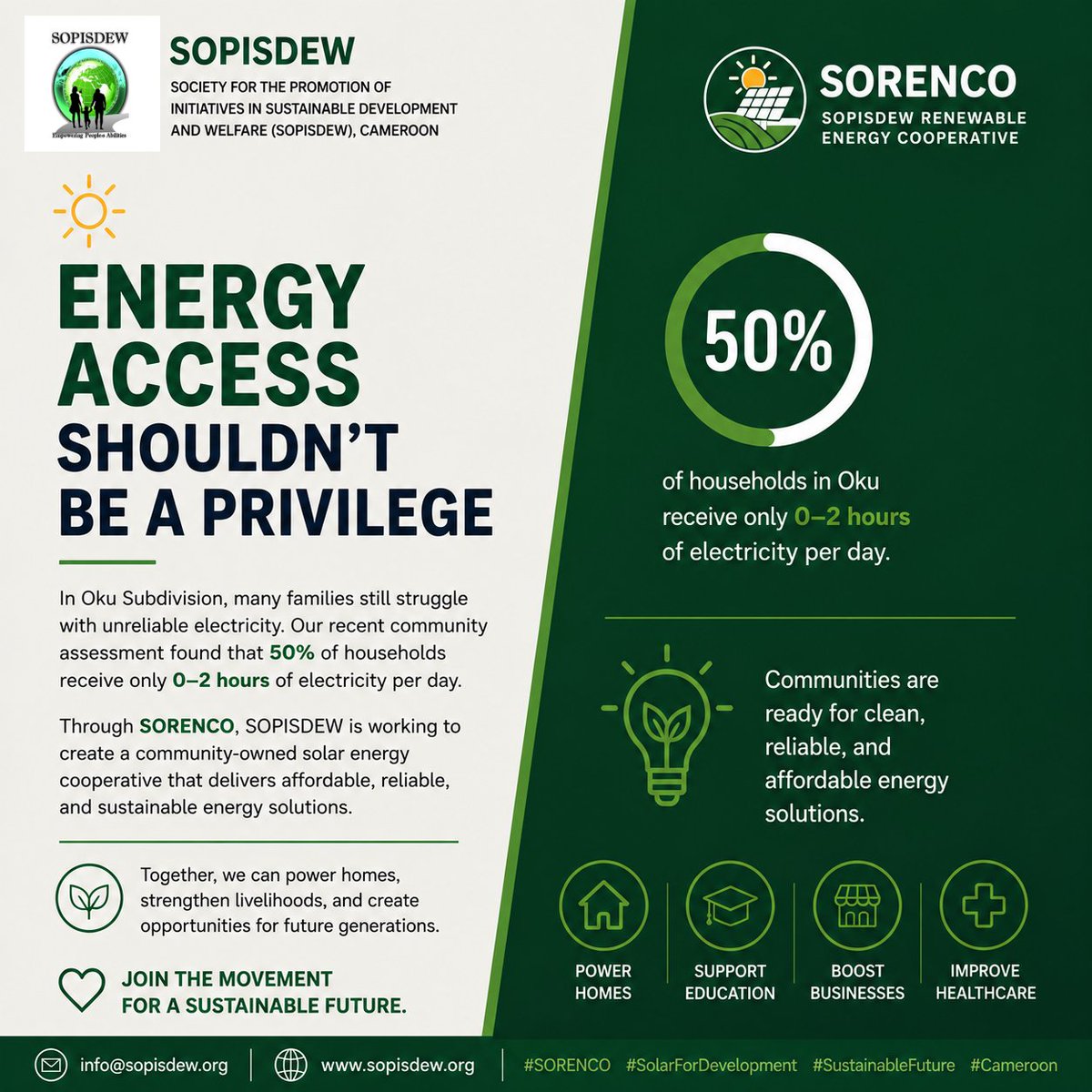 sopisdew's tweet photo. In Oku, 50% of households receive only 0–2 hours of electricity each day. Communities are ready for change! Through SORENCO, we're building community solar solutions that power homes, livelihoods, and opportunity. 

#SORENCO #SolarForDevelopment #EnergyAccess #SustainableFuture https://t.co/v4itd4TSwZ