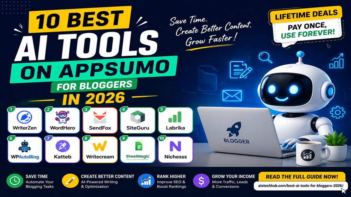 atstechhub's tweet photo. 10 Best AI Tools on AppSumo for Bloggers in 2026

✅ WriterZen
✅ WordHero
✅ SendFox
✅ SiteGuru
✅ Labrika
✅ WPAutoBlog
✅ Katteb
✅ Writecream
✅ Better Sheets
✅ Nichesss
Grow traffic &amp; improve SEO.
👇 Full Guide
 https://t.co/teOqKeta4o
#AITools #SEO #ContentMarketing https://t.co/8fEPaIQsDx