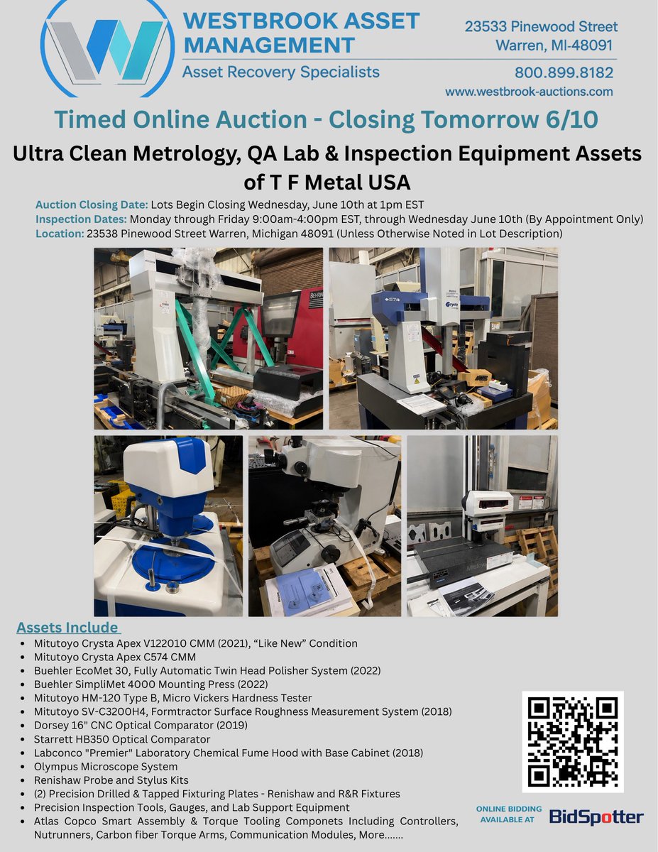 AssetWestbrook's tweet photo. LOTS BEGIN CLOSING TOMORROW 6/10 AT 1PM EST‼️

Ultra Clean Metrology, QA Lab &amp; Inspection Equipment Assets of T F Metal USA Timed Online Auction 

https://t.co/dwKuFQHWrX

#auction #onlineauction #forsale #usedmachinery #mdna https://t.co/3oexmcsYQl