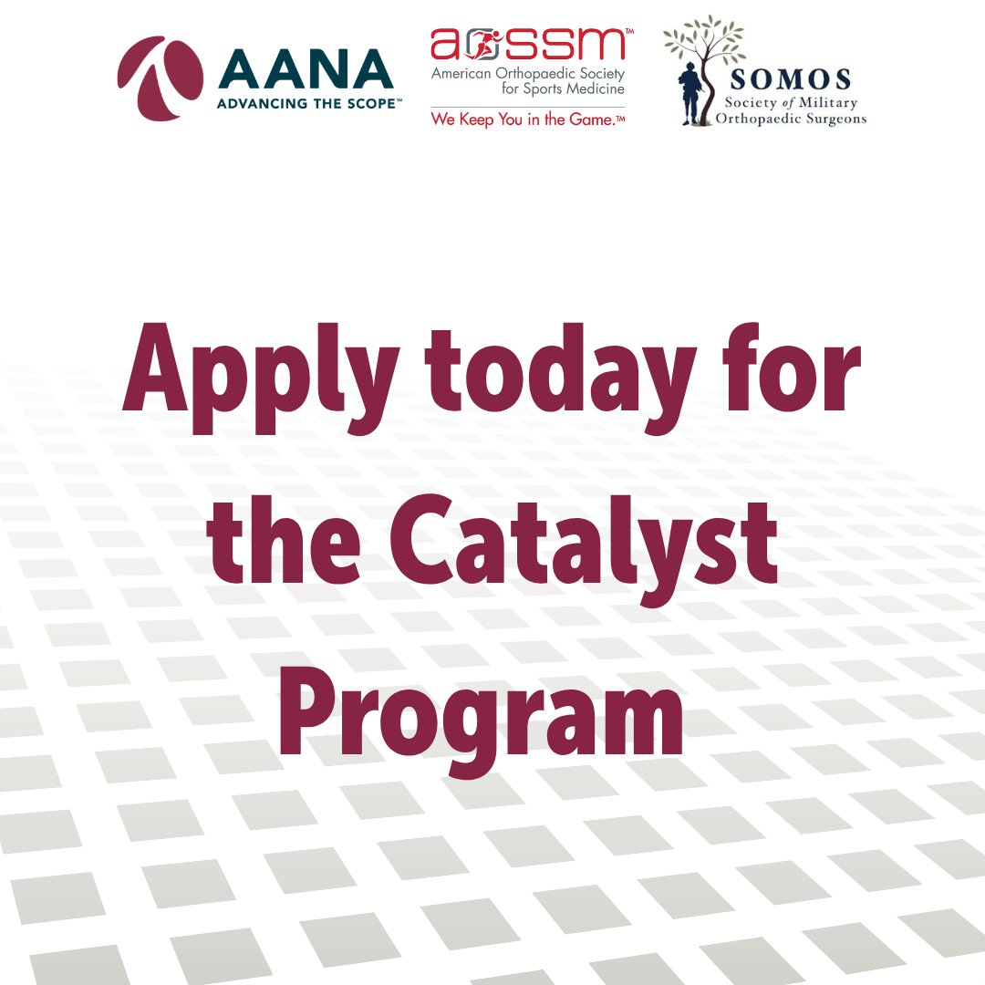 AANAORG's tweet photo. Apply today for the Catalyst™ Program – a new #ResearchMentorship program from AANA, @aossm1972 &amp; @MilOrtho for early-career #SportsMedicine clinicians. Build skills, get mentored &amp; turn ideas into funded research. 

🗓️ Apply by July 1, 2026
Learn more: https://t.co/BxJg7TeEDL https://t.co/1i8DCsH51L