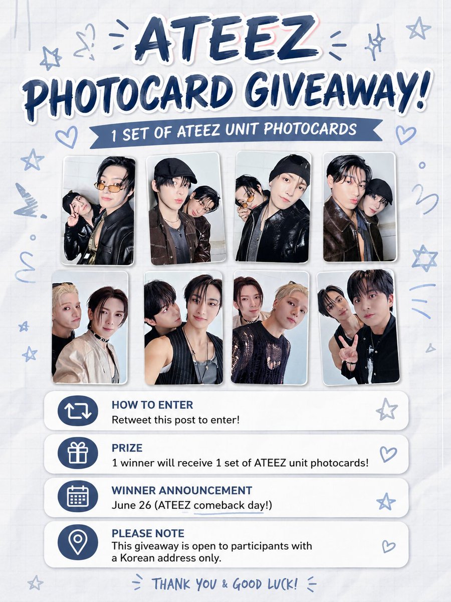 bbbbbbear0606's tweet photo. 🎁 GIVEAWAY EVENT 🎁

- RT the quoted sales post and 1 lucky winner will receive 1 set of ATEEZ official unit photocards!

📅 Winner Announcement: June 26 (ATEEZ Comeback Day)
📍 Korean shipping address required.

Check out the quoted post for ATEEZ POBs and more! ✨

Good luck! 🍀