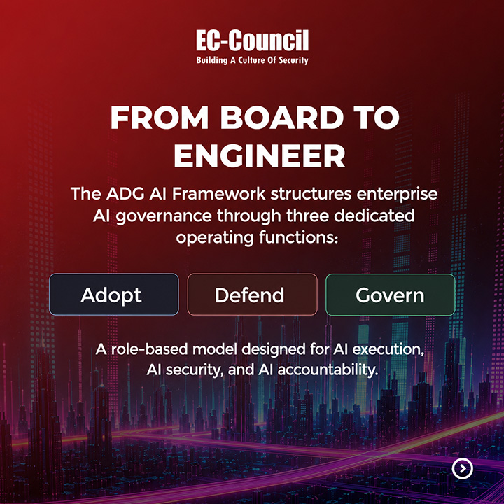 ECCOUNCIL's tweet photo. AI systems introduce new responsibilities that traditional operating models were never designed to manage.

EC-Council's proprietary Adopt. Defend. Govern. (ADG) AI Framework provides a structured approach for defining accountability across enterprise AI.

Explore the Framework: https://t.co/SRi22EfUuW

The framework establishes dedicated functions for:

✦ AI execution and lifecycle ownership
✦ AI security validation and adversarial resilience
✦ AI governance, oversight, and regulatory defensibility
✦ Cross-functional accountability throughout the AI lifecycle

AI governance becomes effective when accountability is clearly assigned.

It must be operationalized.

#ADGFramework #ADGAIFramework #AIFramework #AIGovernance #EnterpriseAI #ResponsibleAI #AICompliance #AISecurity #ECCouncil