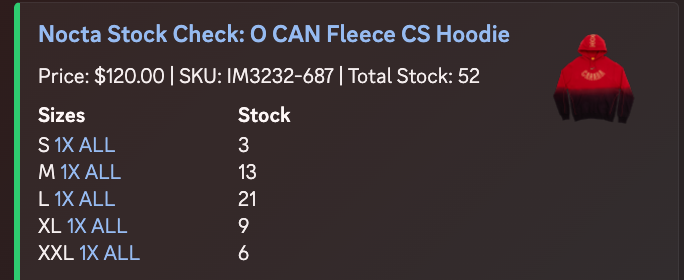 PredixOnDemand's tweet photo. And as alluded to here, the clothing stock is ridiculously low. Typically, the US allocation for Nocta clothing releases falls in the 500-1000 range per item, but that's certainly not the case here. 

The anthem jacket is #1 priority for me (the best item in pretty much all of the X2 collabs), but here are the stock levels for some of the highlights from this drop. No clothing item has more than 100 units available.