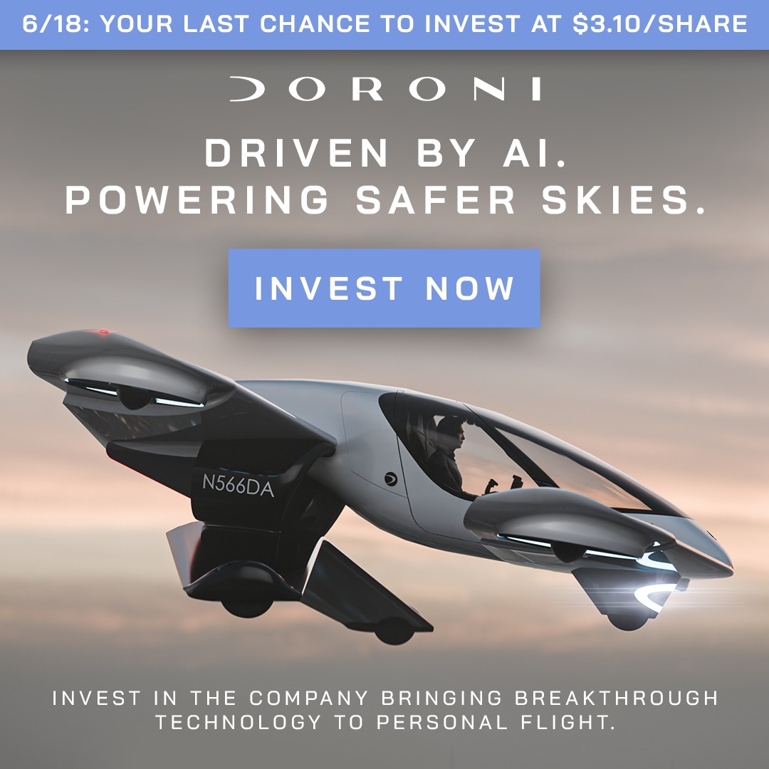 Doroniaero's tweet photo. ⏳ 6/18: Your last chance to invest at $3.10/share!

The future of flight is being built for your garage. Invest in the company redefining personal aircraft ownership with the H1-X, engineered for safety and performance.

Visit our site to learn more and invest in Doroni today.