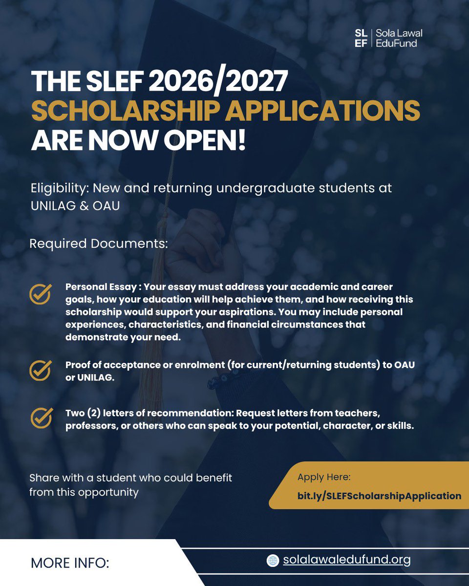 sledufund's tweet photo. The applications are open. 🎓

New and returning students at OAU and UNILAG your time is now. Apply, tell us your story and let us take it from there.

https://t.co/WZK5QIpvNo

#ScholarshipAlert #NigerianStudents #OAU #unlag #StudentLife https://t.co/geAavQTSw0