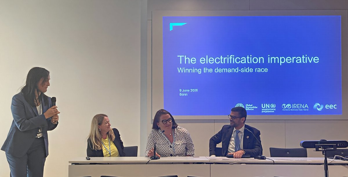 IRENA's tweet photo. @IRENA’s Conference side-event on ‘The Electrification Imperative: Winning the Demand-Side Race’, co-hosted with Australia’s Energy Efficiency Council (EEC) in cooperation with UNEP & the Global Renewables Alliance (GRA), included contributions by the Ministries of Türkiye and Australia as incoming President & Negotiations President at #COP31 in addition to government and industry leaders. More ➡️ https://t.co/ueIizHJbke