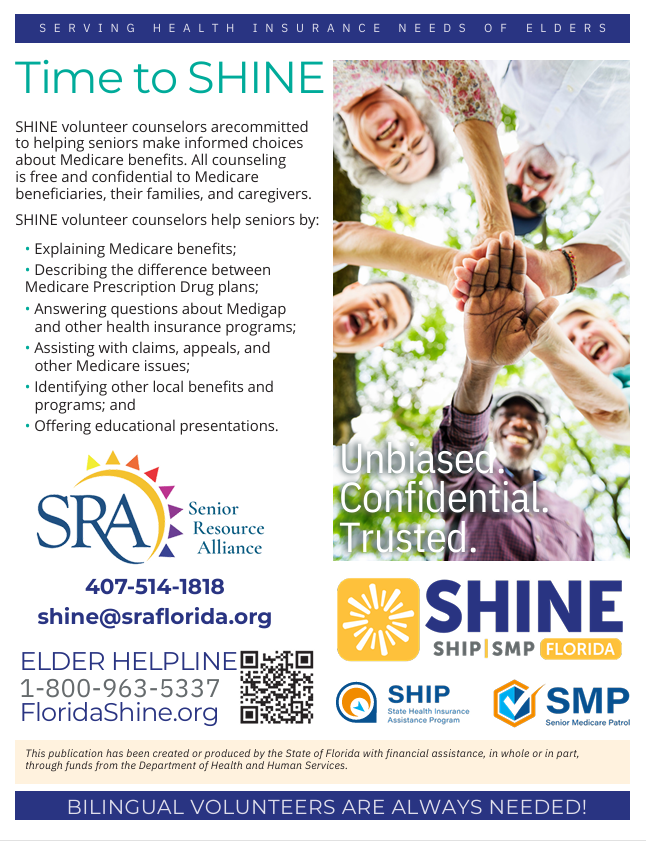 SRA_Florida's tweet photo. We’re recruiting volunteers for our SHINE program, which offers free Medicare counseling for seniors.

If you’re interested in learning more about the service and launching your SHINE journey, register for our virtual workshop on June 18 at 11 a.m.: https://t.co/1G9n378kk9 https://t.co/BOfXxq1uwR