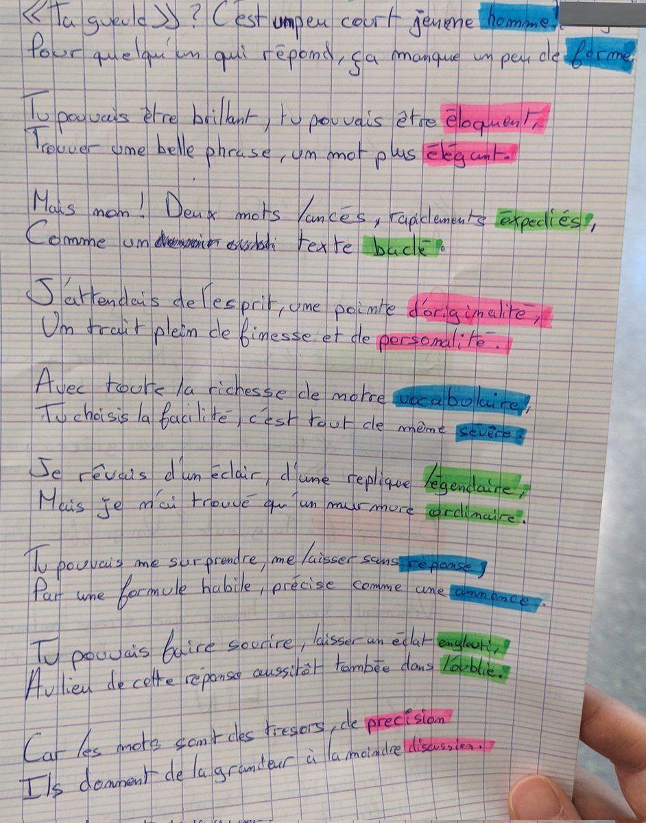 LenaTchekhoff's tweet photo. Élève : Madame, hier, Machin m'a dit "ta gueule", alors j'ai préparé une tirade pour lui répondre. Je peux la lire ?

Et comment !!
#Les4e, soleils de ma vie https://t.co/PgJgbKSnpX