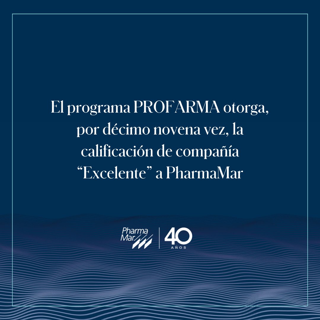 PhrmMar's tweet photo. PharmaMar ha sido reconocida, por décimo novena vez, con la calificación de compañía “Excelente” por el Comité Técnico del Programa PROFARMA, dependiente del Ministerio de Industria y Turismo @minturgob.

Este programa tiene como objetivo impulsar la competitividad de la industria farmacéutica en España, a través de la modernización del sector y el fomento de actividades de alto valor añadido.

Esta calificación se concede tras la evaluación de parámetros industriales, económicos y de I+D+i, dentro del contexto actual de la industria farmacéutica española.

Más información: https://t.co/FMmixn8wIe