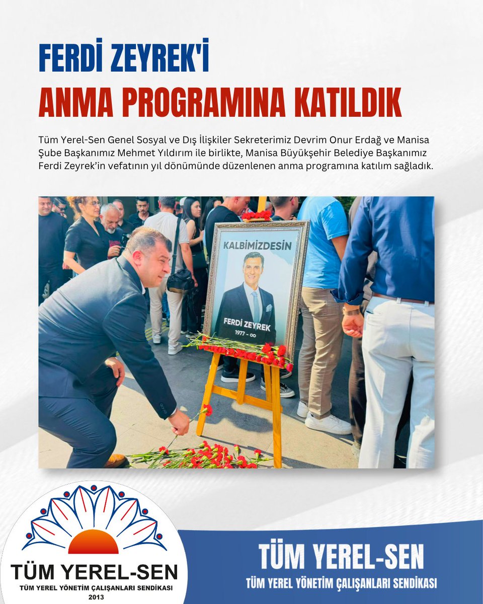 tum_yerelsen's tweet photo. Genel Sosyal ve Dış İlişkiler Sekreterimiz Devrim Onur Erdağ ve Manisa Şube Başkanımız Mehmet Yıldırım ile birlikte, Manisa Büyükşehir Belediye Başkanımız Ferdi Zeyrek’in vefatının yıl dönümünde düzenlenen anma programına katılım sağladık.

Merhum Başkan Ferdi Zeyrek’i sevgi, saygı ve özlemle anarken, kıymetli eşi Nurcan Zeyrek ile bir araya gelerek dayanışma duygularımızı ve taziyelerimizi bir kez daha paylaştık.

Manisa’ya ve yerel yönetimlere önemli hizmetlerde bulunan Ferdi Başkan’ı rahmet ve minnetle anıyor; bıraktığı eserlerin, mücadele azminin ve halkçı belediyecilik anlayışının daima yaşayacağına inanıyoruz.