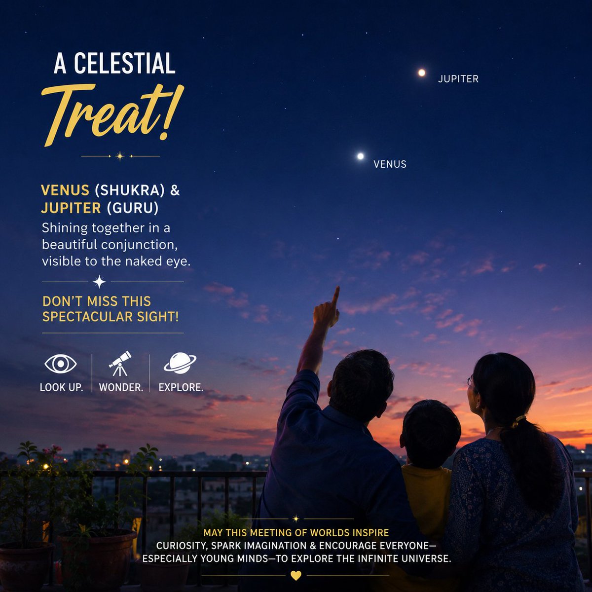 narottamsahoo's tweet photo. The Sun has set, and the western sky is offering a celestial treat.
#Venus (Shukra) and #Jupiter (Guru), the two brightest #planets, are shining side by side in a beautiful #PlanetaryConjunction, easily visible to the naked eye.
I am fortunate to witness this cosmic wonder with my family from my balcony.
Don't miss this spectacular sight.
May this graceful meeting of worlds inspire #curiosity, spark #imagination, and #encourage everyone - especially young minds, to look up, wonder, and explore the infinite #Universe.