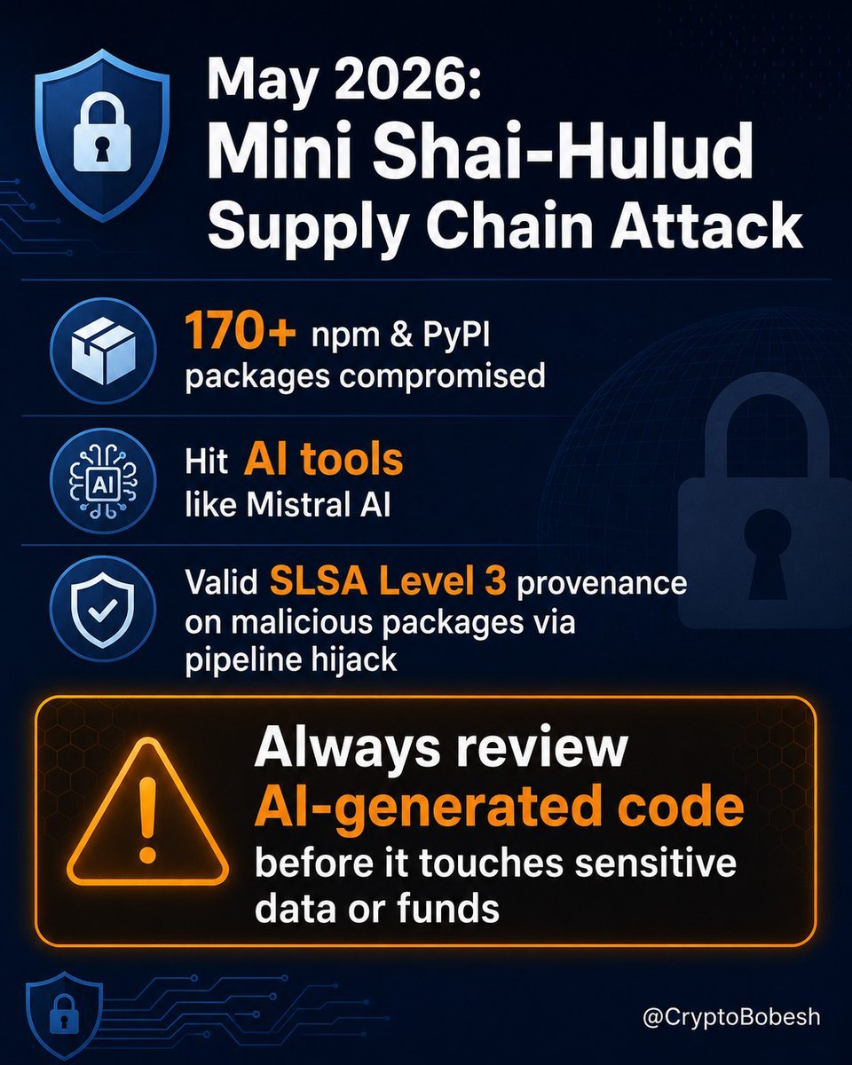 CryptoBobesh's tweet photo. May 2026 Mini Shai-Hulud attacks prove the AI coding caution is essential.

Over 170 npm and PyPI packages compromised, including Mistral AI SDK packages. Malicious versions had valid SLSA Level 3 provenance after pipeline hijacks.

This highlights rapid attack surface expansion with AI tools.

40-60% of AI-generated code has serious flaws per studies. Vibe-coded apps have leaked data post-launch.

Review all AI code yourself before sensitive data or funds access. Critical for crypto and DeFi builders.

What is your process for securing AI code? Share below or bookmark.