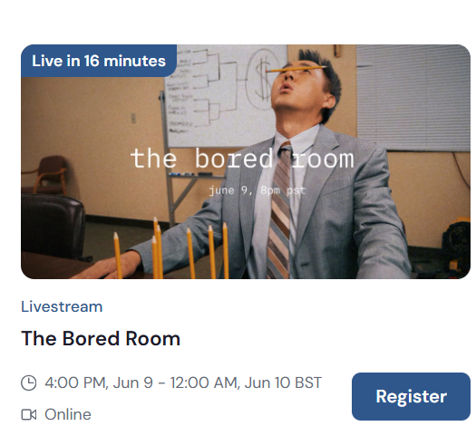 iwoxbt's tweet photo. yo this is NOT a drill

The Bored Room goes live in 30 minutes on @arc  and if you've ever waited 3 business days for money to move, if you've ever sat in a room watching a loading bar go nowhere this one's literally for you
five employees at Boream &amp; Boredley waiting.. https://t.co/CjyCEDCCkS